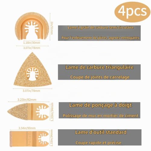 Lot de 4 lames de scie oscillantes pour Worx, Bosch, Fein Multimaster, etc. Lames de scie multifonction en carbure de tungstène Outil oscillant Kit de lames multi-outils pour carrelage, mortier, béton – vue 2