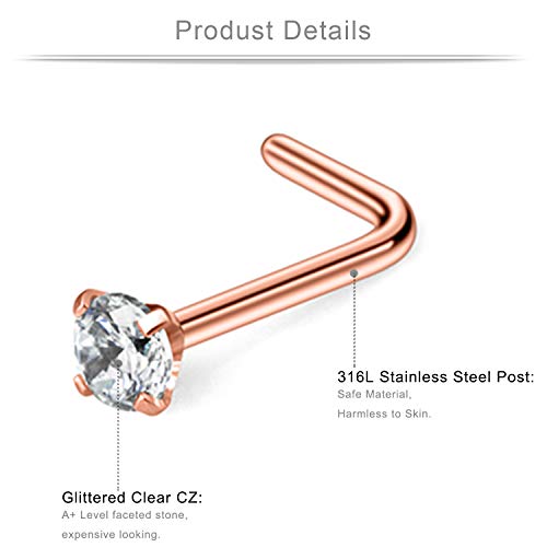 Ruifan 20Pcs 20G 316L Surgical Steel 1.5Mm 2Mm 2.5Mm 3Mm Pink Opal Clear Round Diamond Cubic Zirconia Crystal Nose L Shaped Studs Rings Piercing Jewelry - Rose Gold #TOP1
