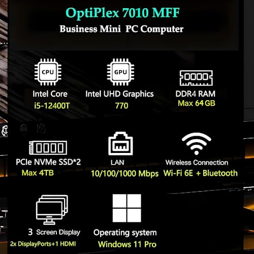 Image of Dell OptiPlex 7010 Micro Desktop pc for Bussiness & Home, Intel 6-Core i5-12400T, 64GB DDR4 RAM, 2TB PCIe SSD, WiFi 6E, HDMI, 2 DisplayPorts, Windows 11 Pro