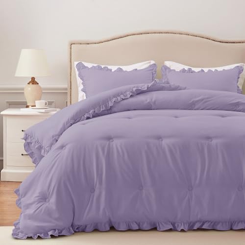 Image of HARBOREST Twin Comforter Set Lavender - Ruffle Comforter for Twin Size Bed, Fluffy Twin Size Comforter Set for All Seasons, 2 Pieces Shabby Chic Bedding Comforter Sets(1 Comforter & 1 Pillow Sham)