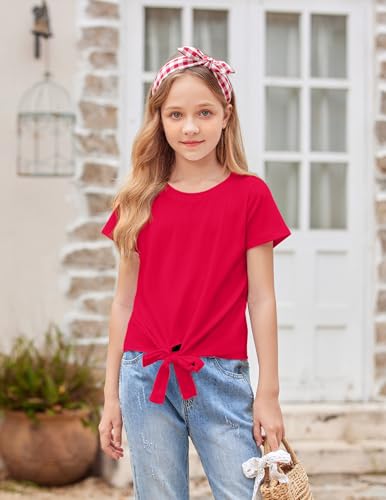 Image of Arshiner Girls Short Sleeve Shirts Tie Knot Front Tops T Shirts for Kids Crewneck Cute Casual Tie Dye Tee Blouse