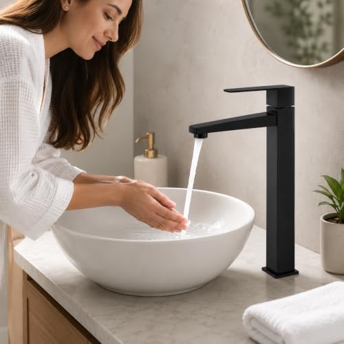 Image of Carnival SS-304 12 inch Inch Matte Black Pillar Cock Tap for Wash Basin | Square Tall Cold Water Basin Tap | SS304 Stainless Steel | Table Mount /Deck Mount Installation | Black Matte Finish