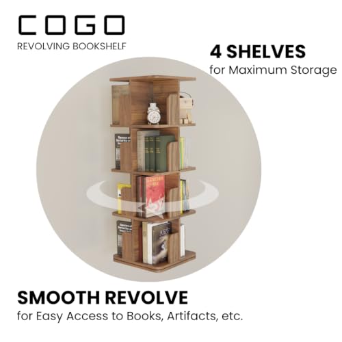 Image of COGO 4 Tier Revolving Bookshelf | 360 Smooth Revolve Mechanism | 52 x 15 x 15 inch | 100 Books Capacity | 17 mm Engineered Wood | Bookcase | Showcase | Do-It-Yourself | Colour: Walnut