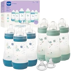 MAM 9oz Easy Start Anti-Colic+ Vented Baby Bottles, 2+ Months, 6 Pack, Boy | Medium Flow + 2 Bonus Nipples (Fast & Extra Fast Flow), Reduces Colic, Gas, & Reflux, Easy Clean, BPA-Free