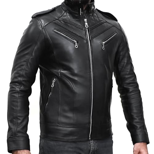 Image of Mens Genuine Black Leather Biker Jacket Cafe Racer Vintage Real Motorcycle Leather Jacket For Men