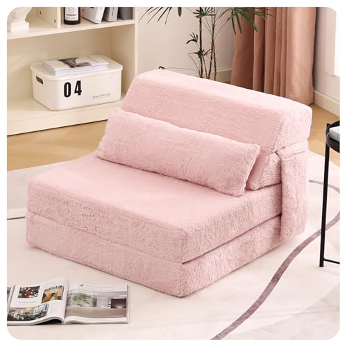 Image of Tiita Convertible Folding Sofa Bed Single Size for Adults with Pillow, Plush Fabric Floor Mattress Couch Bed, Washable Cover & Side Pocket, Guest Room, Dorm, Apartment, Living Room, Pink