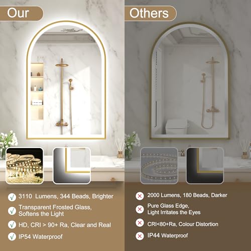 S'bagno 24x36 Arched Gold LED Mirror for Bathroom with Frontlit & Backlit, LED Bathroom Mirror with Metal Frame, Anti-Fog, Stepless Dimmable, 3 Color Temperature Vanity Mirror by S'bagno - Image 6