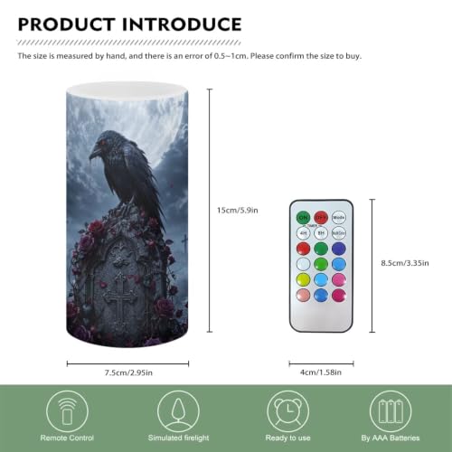 Image of Poceacles Flameless Light Candles Battery Operated Candles with Color Changing Timer Remote Control Tealights for Home Beach Dinner Party Banquet Decor, Crow Rose Cross Grave Print