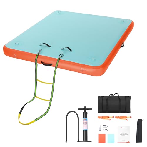 WARMOUNTS Inflatable Floating Dock, 5ft Air Dock Platform for Water Recreation, Inflatable Water Mat with Non-Slip Surface, Rope Ladder, Floating Island Raft for Ocean, Lake, River, Boat
