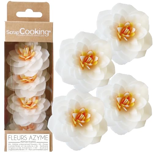 ScrapCooking - 4 Camélias Blancs en Azyme - Fleurs Comestibles pour Décoration Gâteau - Déco Florale Pièce-Montée, Cupcakes, Pâtisseries - Anniversaire,...