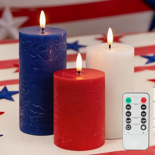 Image of LUSHARBOR Red White Blue Flameless Candles with Remote, 4th of July Battery Operated Candles, 3pcs LED Patriotic Candles for Home Party Centerpiece Holiday Decor