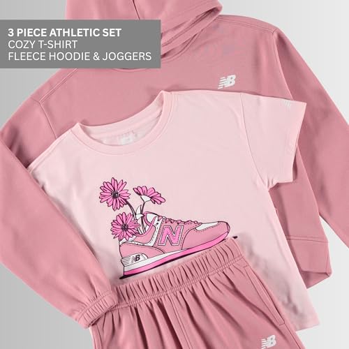 New Balance Girls 3pc Sweatsuit - Cotton Blend Fleece Activewear Set - Pullover Crewneck Hoodie, T-Shirt, Jogger, (4-12)2
