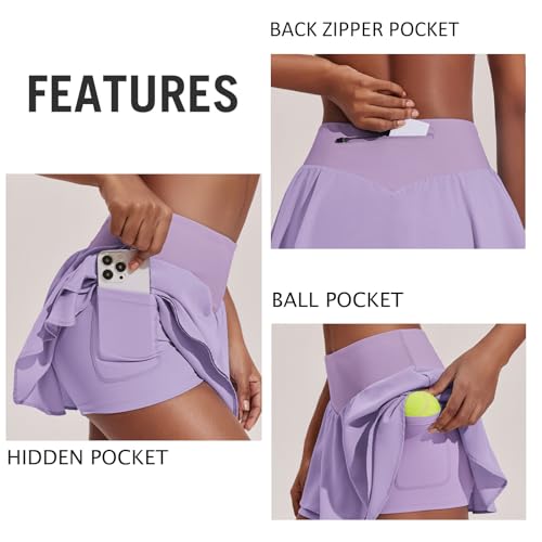 Image of PINSPARK Womens Tennis Skirt Pleated High Waisted Golf Skort with 3 Pockets | Double Ruffle, Soft, Lightweight, Quick Dry, Tummy Control Athletic Skirts, Workout Skorts, for Pickleball, Running, Casual