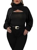MakeMeChic Women's Plus Size Long Sleeve Turtleneck Shrug Sweater Pullover Crop Top Black 0XL