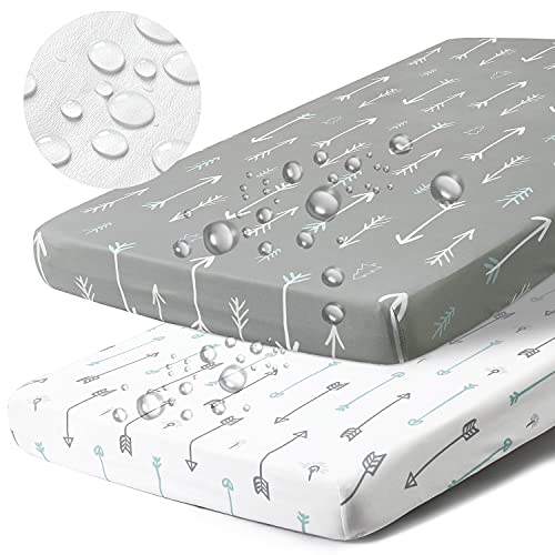 Image of Baby-Pack-n-Play-Playard-Sheets-BORPRES Waterproof Portable Playard Mattress Covers,for Boys Girls,Jersey Knit,Large Spandex, Arrow Design,2 pack