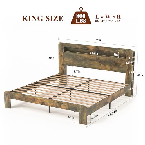 Image of Bellemave Rustic Vintage King Size Bed Frame with Bookshelves,Storage Headboard and Charging Station,Wooden Platform Bed Frame King Size with LED Lights and Wood Slats,Easy Assembly,Dark Brown