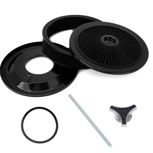GDUKOP 14x3 High Flow Round Air Cleaner Filter Assembly Kit Compatible with GMC Chevy Ford Chrysler Dodge V8 for Carburetor 5-1/8 Carb Neck Flow-Thru Lid Washable and Reusable Black Chrome