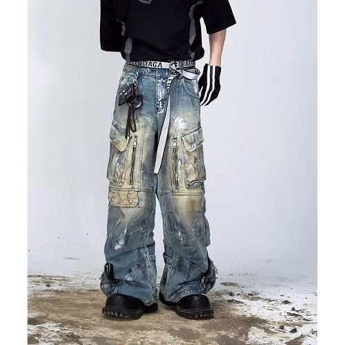 Men's Retro Workwear Jeans, Men's high Street Graffiti Multi Pocket Loose Straight Leg Wide Leg Floor Pants2