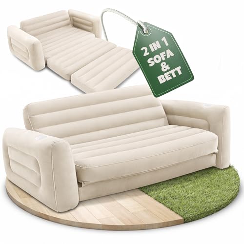 JoyMotion Sofá hinchable extensible – Cómodo sofá de camping con función extensible – Superficie suave flocada – Colchón hinchable 2 en 1 para camping, playa, jardín, balcón (beige)