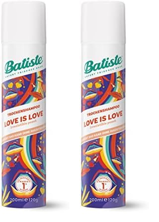 Batiste Trockenshampoo Love is Love 200 ml, mit Duft, süß-fruchtiger Blumenduft, zum Auffrischen der Haare zwischen den Haarwäschen, ohne Ausspülen (Packung mit 2)