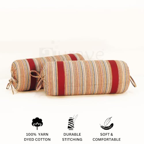 Image of AURAVE Woven Cotton 144 TC Printed Bolster Cover with Drawstring Closure, Set of 2, Soft Breathable Durable Machine Washable for Sofa Bed & Home Decor, 15 inchx30 inch, Maroon | Cover Only