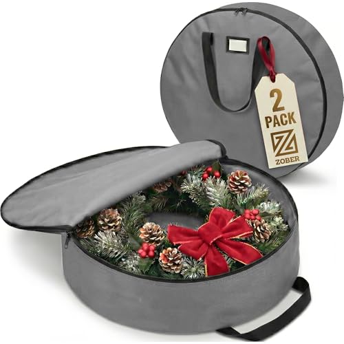 Image of ZOBER 2 Pack Oxford Christmas Wreath Storage Container 24 Inch - Wreath Bag for Artificial Wreaths Box - Waterproof Fabric, Dual Zippered Wreaths Storage Bag With Strong Durable Handles - Gray