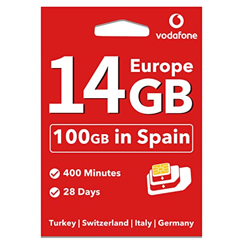 Giffgiss Vodafone Europe Prepaid Sim Card 14Gb Data+800 Min In 34 Countries (Spain 100Gb+Unlimited Calls,Turkey 400 Minutes) Supported Mobile Hotspot Travel Use In Uk Switzerland Turkey 28 Days #TOP11