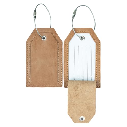 Genuine Leather Set of 2 Luggage Tag with Full Back Privacy Name ID Card Stainless Steel Loop Suitcase Labels Identifiers Baggage Tags Luggage for Women Men Travel (Apricot)