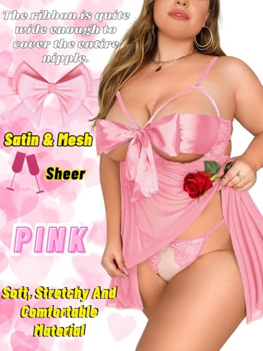 Image of GirlFriend Women Babydoll Lingerie Plus Size Net Chemise Front Ribbon Halter Nightwear Teddy Nightgown Babydoll Lingerie Female Wedding Nightgown for Honeymoon and Anniversary