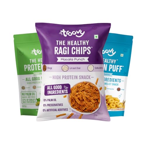 Image of Troovy Healthy High Puffs&chips 3-in-1| No Palm Oil, Cholesterol or Trans Fats, No Junk & Chemicals | Made with Multiple Millets, Grains and Dal | Pudina Puffs (80gm x 1) | Cheese & Herbs Puffs (80gm x 1) | Ragi chips (Masala Punch, 70gm x 1)
