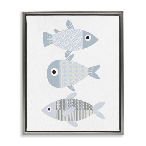 'Three Whimsical Patterned Fish Sea Life'| Floating Frame Canvas Art