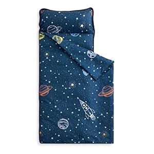 Wake In Cloud – Nap Mat with Removable Pillow for Kids Toddler Boys Girls Daycare Preschool Kindergarten Sleeping Bag, Rockets Stars Galaxy Space Planet on Navy Blue, 100% Soft Microfiber