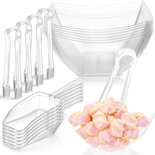 FoldTier 32oz 6 Clear Plastic Candy Bowls, 4 Scoops and 4 Tongs Set Square Disposable Plastic Buffet Containers for Chip, Snacks Popcorn Candy Bar Birthday Party Supplies