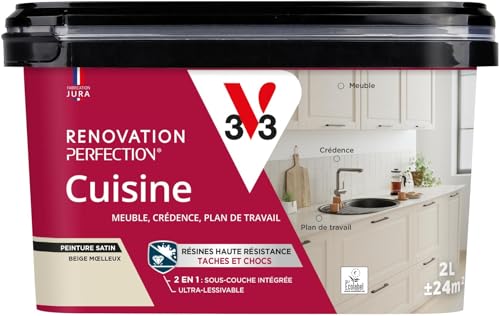 V33 Peinture Cuisine - Rénovation Perfection® - Haute Résistance taches et Chocs - Ultra-Lessivable - Meuble - Crédence - Plan de travail - Beige Moelleux...