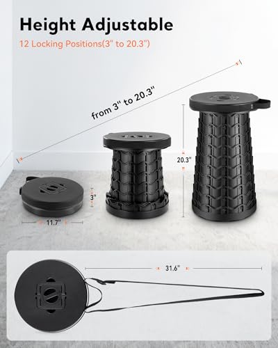 Image of Portable Heavy Duty Collapsible Stool - Wide Seat, Extra Tall & Height Adjustable Stool - Retractable Folding Chair for Camping, Fishing, Hunting & Outdoor