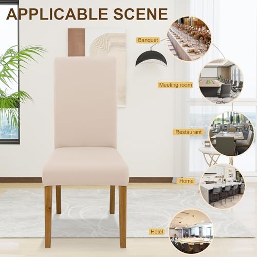 Dining Chair Covers, Dining Room Chair Cover Set of 6, Stretch Kitchen Chair Covers, Detachable Washable Chair Cover, Parsons Chair Slipcovers Protective, for Home, Restaurant, Banquet (Beige) - Image 6