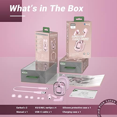 Wireless Headphones, Bluetooth Earbuds ENC Noise Cancelling Translucent Earphones in Ear, HiFi Stereo Dual Microphone Mini Sport Ear Buds with Fast Charging, LED Digital Display & Silicone Case, Pink