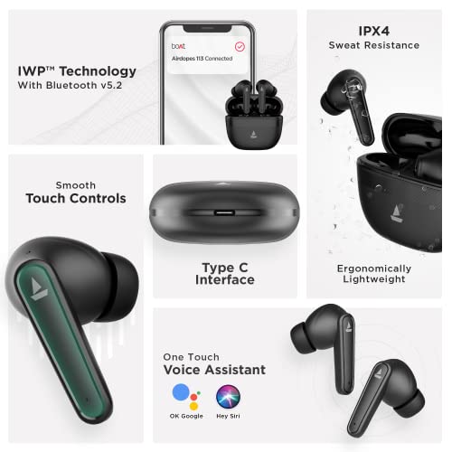 Image of Boat Airdopes 113 Bluetooth Truly Wireless in Ear Earbuds with ENx Tech, Beast Mode, ASAP Charge, 24H Playtime, Immersive Audio, IPX4, IWP, Touch Controls, Lightweight Build(Space Black)