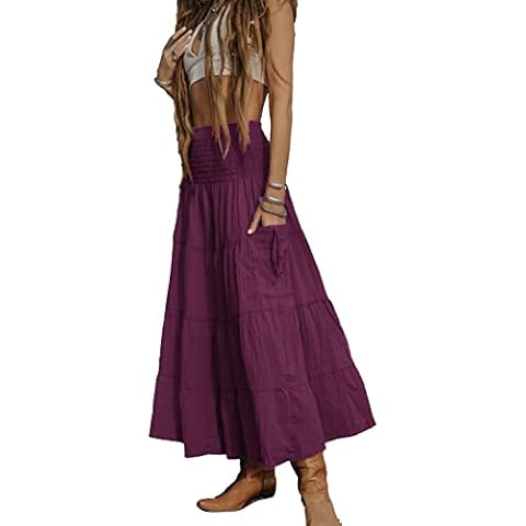 Thaluta Women's Boho Maxi Cotton Skirt with Pockets Elastic Waist, Aubergine Cover