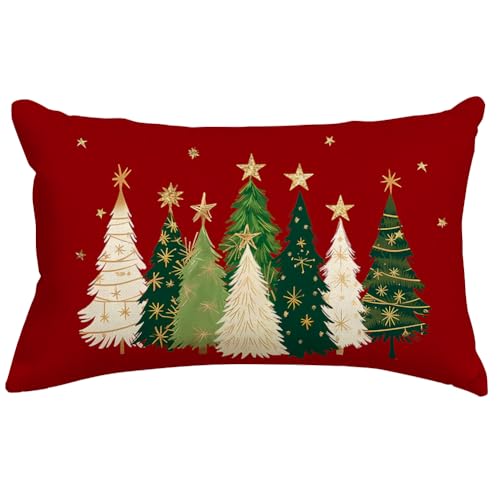RABUSOFA Christmas Tree Pillow Covers 12x20 Inch Watercolor Christmas Decorations Pillows Decorative Throw Pillows Stars Xmas Lumbar Cushion Case for Home Decor Couch Winter Holiday(4-Red)