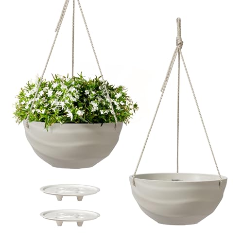 La Jolie Maison 10 Inch Hanging Planters for Indoor Plants, Outdoor Garden Planter Pots with Self-Watering Tray, Oatmeal, Set of 2