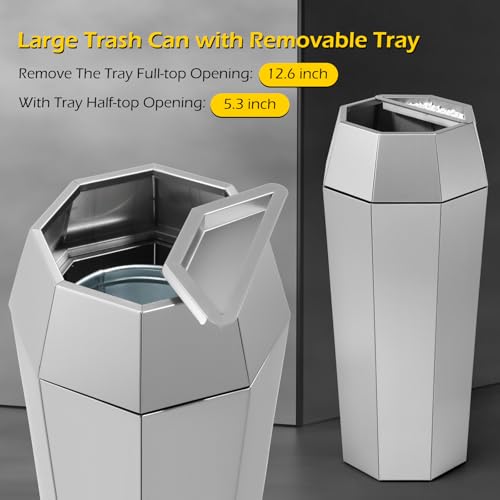 Image of Dyna-Living Commercial Trash Can Large Garbage Can with Lid, Open-top Tall Stainless Steel Trash Bin Industrial Garbage Container for Patio Lobby, Silver