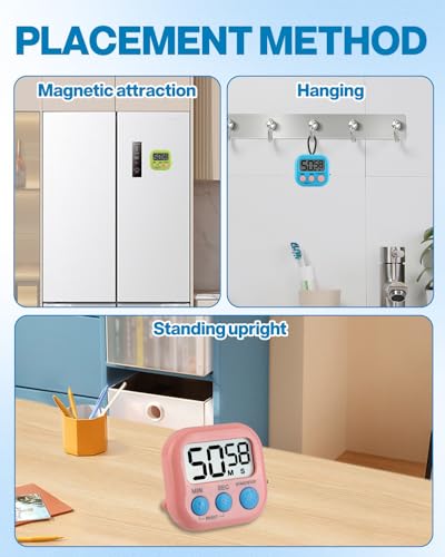 4 PCS Kitchen Timer Magnetic Colorful Digital Timer Loud Alarm Countdown Stopwatch Clock with Stand for Cooking Study Gym Brushing Teeth Kids Classroom Home Use LCD Display (Blue,White,Pink,Green) - Image 6