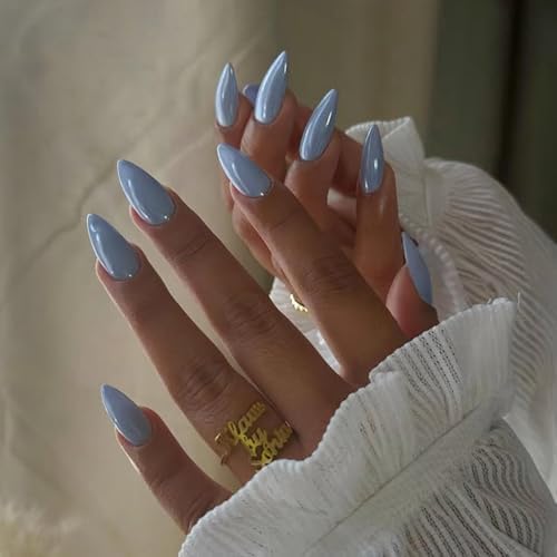 Blue Glazed Donut Press on Nails Almond, Light Blue Chrome Nails Press ons for Women, Thick Aurora Glue on Nails Medium Length, Reflective Mirror Shinny Acrylic Nails Light Weight & Fit Perfectly
