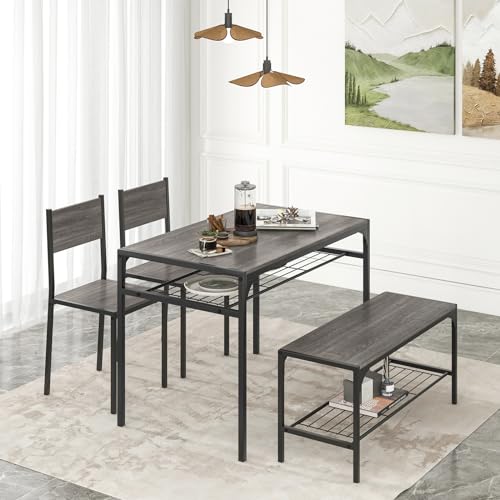 Image of Giantex Dining Table Set for 4, Kitchen Table with Chairs & Bench, Storage Racks, Metal Frame, 4-Piece Space-Saving Dinette Set for Dining Room, Breakfast Nook, Small Space, Apartment, Grey