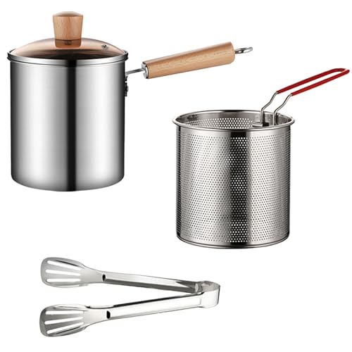 diceevil Deep Fryer Pot 304 Stainless Steel, 3L Japanese Tempura Frying Pot with Wooden Handle Strainer Basket and Tongs for Frying Fish Shrimp Chicken and Fries
