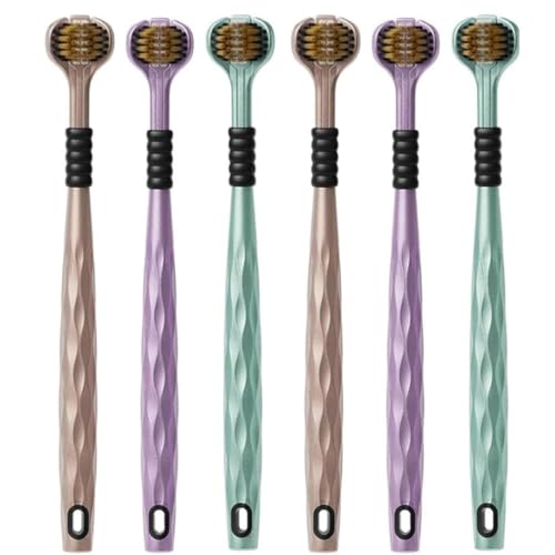 Image of 3-Sided Toothbrush with U-Shaped Triple Head Design, Dual Bristle Arrangement, Curved Brush Head, Ergonomic Handle with Non-Slip Grip, Multi-Color Toothbrush Set (Pack of 6)