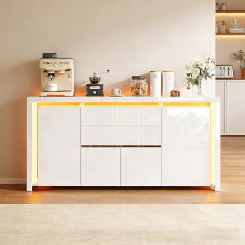 UTTQEW Buffet Blanc Laqué 4 Portes 2 Tiroirs avec Éclairage LED, Meuble de Rangement Commode...