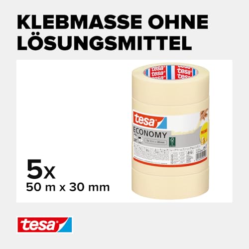 tesa Malerband ECONOMY - Vielseitiges Klebeband für Malerarbeiten ohne Lösungsmittel - Bis zu 4 Tage nach Gebrauch rückstandslos entfernbar, 5x 50 m x 30 mm