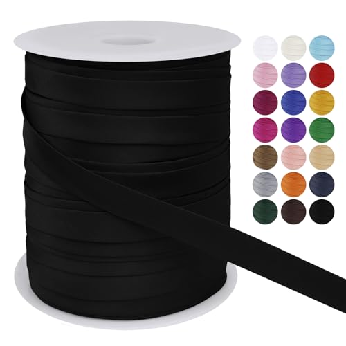 LEREATI Schrägband 15mm x 50m, Einfassband zum Nähen Doppelt Gefaltetes Stoffband aus Polyester Hemming Tape Satin, Nahtband zum Nähen Basteln Dekorationen DIY Handwerk (Schwarz)